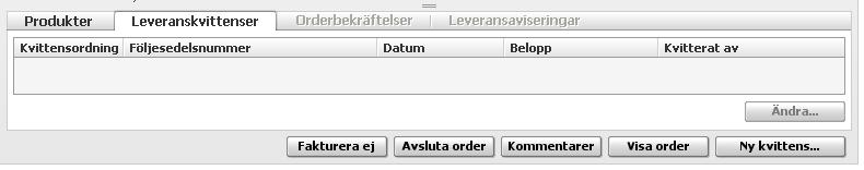 3.2.1.1 Gör så här för att leveranskvittera 1. Gå in på Leveranskvittens och sök upp den order som levererats. Markera ordern. Klicka på fliken Leveranskvittens. Klicka på knappen Ny kvittens 2.