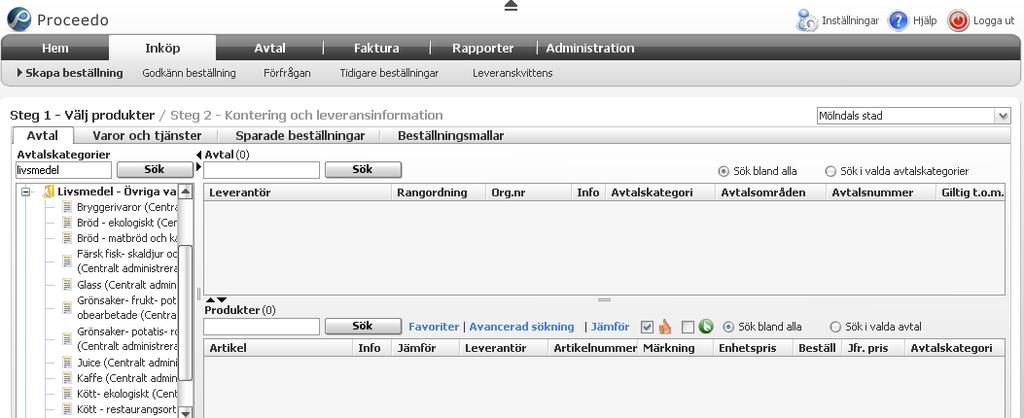 2 Inköp Under fliken Inköp görs beställningar via undermenyn Skapa beställning. Från menyn kommer du också åt Tidigare beställningar och Leveranskvittens.