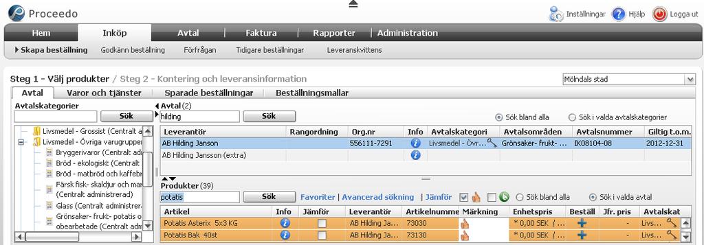 2.1.2 Sök via avtal/leverantör Vet du vilken leverantör du ska beställa ifrån skriv leverantörsnamnet i fältet Avtal, se bild nedan. Klicka på Sök. Markera det avtal som du vill söka produkter i.