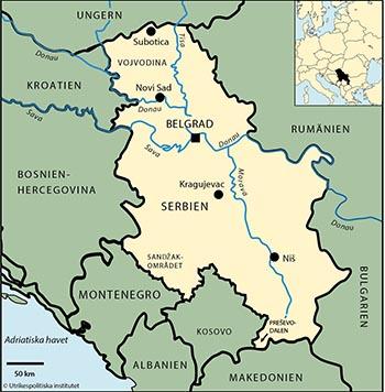 Yta 88 361 km2 (2017) Tid svensk Angränsande land/länder Ungern, Rumänien, Bulgarien, Makedonien, Albanien, Bosnien-Hercegovina, Kroatien, Kosovo Huvudstad med antal invånare Belgrad 1 705 000 (2015)