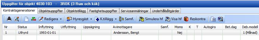 Översikt av funktionerna i hyresfaktureringen ENSTAKA FAKTUROR - OBJEKTSVYN Om hyresfakturor för ett enskilt kontrakt ska ändras görs detta