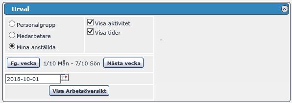 Aktuella arbetstider Här kan du se schema på dina anställda. Markera Mina anställda och välj datum, klicka sedan på Visa arbetsöversikt.