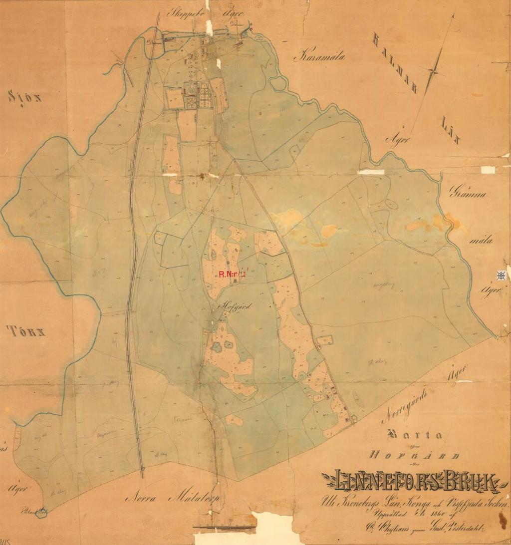 Kartan över Linnefors bruk från 1860 visar den nybyggda järnvägenen mellan Karlskrona och Emmaboda, vilken invigdes 1874.