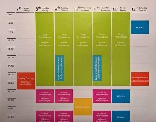 Veckan i juli är fylld med program: öppningstillfälle sö 7.7 kl. 16-19 halluppvisningar må-fre kl. 9-18 massuppvisningar ti 9.7 och to 11.7 kl. 14-17 uppvisningar på utescener i byar och städer må-fre kvällsuppvisningar må 8.