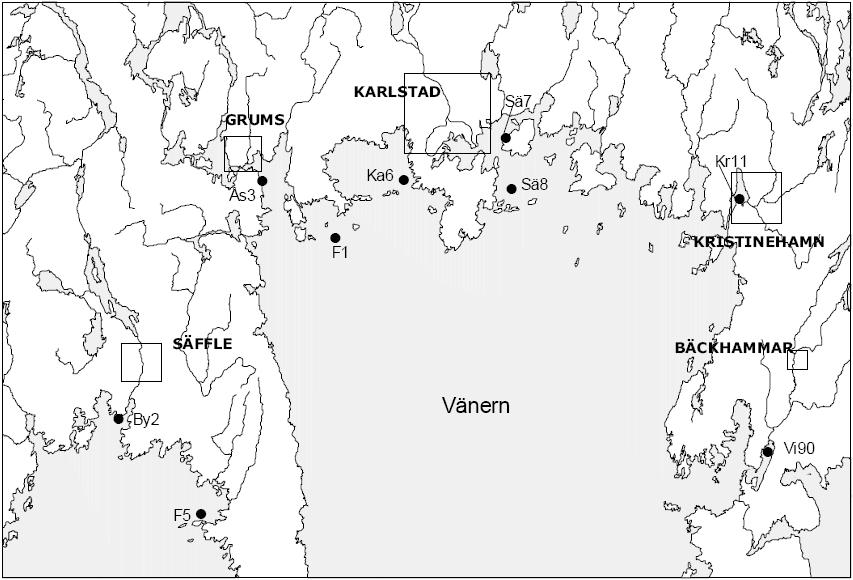Figur 2. Lokalerna i den samordnade recipientkontrollen i norra Vänern där provfiske på abborre utfördes 2 för analys av metaller.