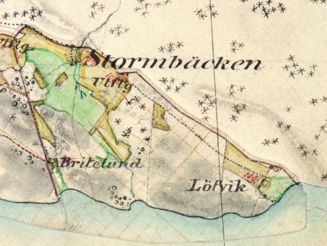 Detalj från Häradskartan 1868 som visar Stormbäcken vid den tiden. Beteckningen Utflg står för utflyttad lägenhet.