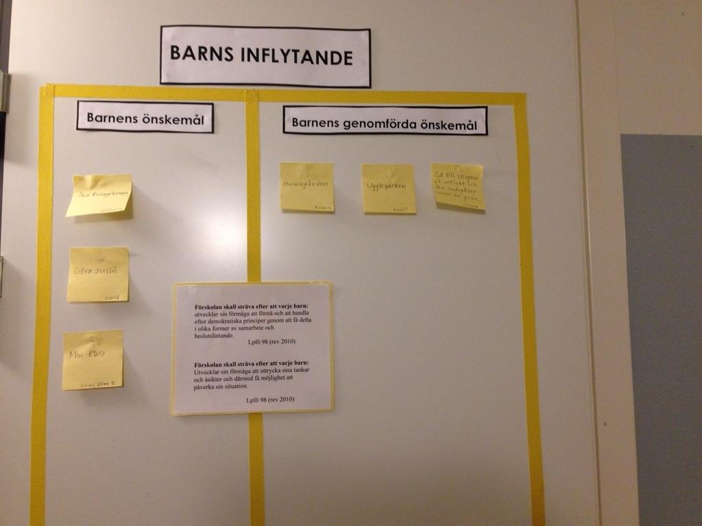 Sid 10 (18) Ett annat exempel på barns inflytande i verksamheten är genom att de får uttrycka önskemål om framtida innehåll/ praktiska händelser genom att skriva sin önskan på post-it lappar som
