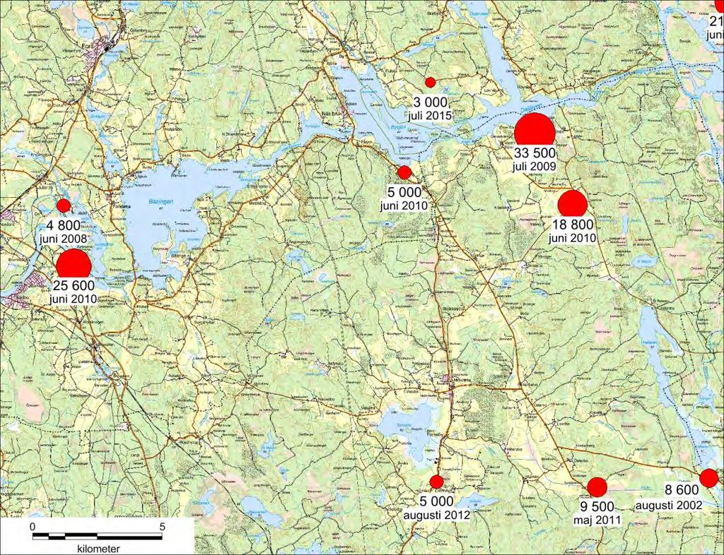 Figur 10. Maximala mängden stickmyggor fångade med CDC-fällor under en natt i de planerade västra ramområdena under åren 2001 till 2017. 2007 (max 18 350 stickmyggor per fällnatt vid Hallsjön).