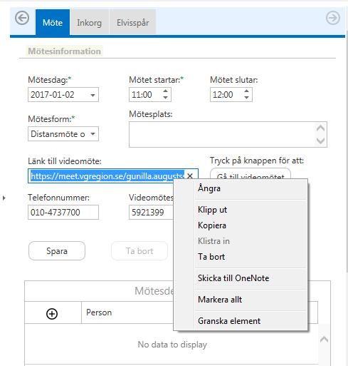 Kopiera Skype-länk från SAMSA till e-post Om du inte kallar närstående direkt när du skapat mötet eller från kalendern i Outlook, kan du även kopiera länken i SAMSA och skicka den med e-post. 1.