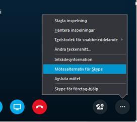 Mötesinställningar i Skype-möte Om du inte gjort inställningarna enligt lathunden Förberedande inställningar och behöver korrigera så att deltagare inte släpps direkt in på mötet, kan du korrigera