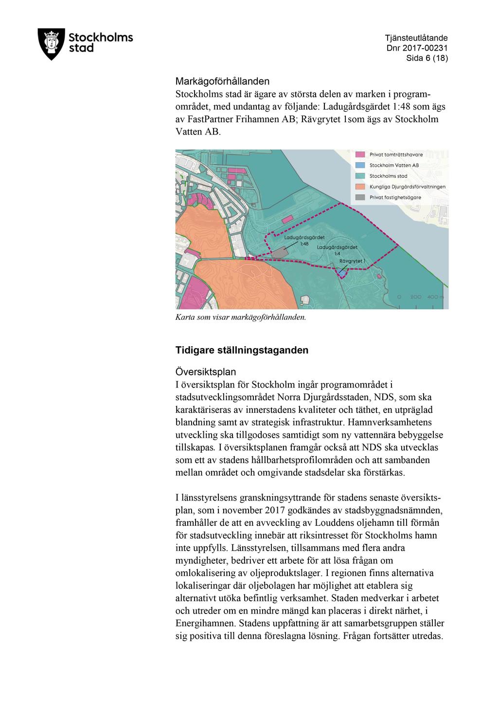 T jänsteutlåtande D nr 2017-00231 Sida 6 ( 18 ) Markägoförhållanden Stockholms stad är ägare av största delen av marken i program - om rådet, med undantag av följande: Ladugårdsgärdet 1: 48 som ägs