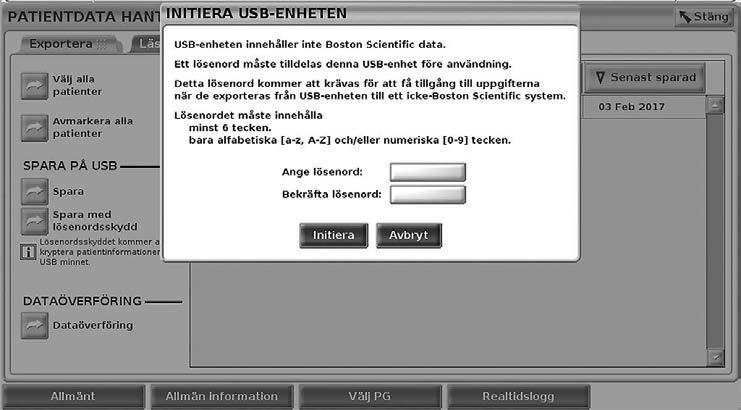 Figur 6. b. Om du vill exportera valda patientdata med kryptering till ett USB-minne väljer du knappen Spara med lösenordsskydd. Lösenordsskydd krypterar skyddad hälsoinformation på USB-minnet.