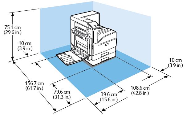 Specifikationer Utrymmeskrav Utrymmeskrav för basmodell Bredd: 108,6 cm (42,8 tum) Djup: 156,7 cm (61,7 tum) Höjd: 63,7 cm (25,1 tum) Utrymmeskrav för