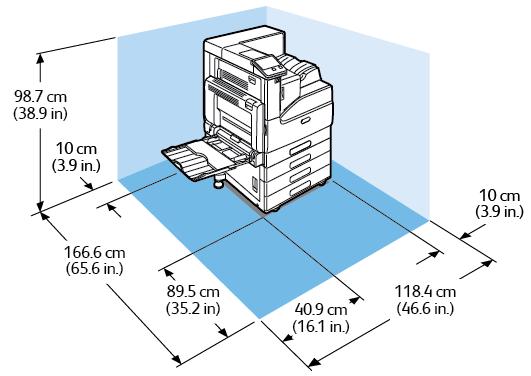Specifikationer Utrymmeskrav för konfiguration med 1-magasinmodul och stativmodul Bredd: 111,5 cm (43,9 tum) Djup: 166,6 cm (65,6 tum) Höjd: 98,7 cm (38,9 tum) Utrymmeskrav för