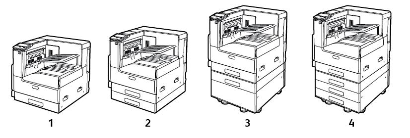 Papper och material Översikt över papper och material Skrivaren kan ha upp till fem pappersmagasin, beroende på magasinkonfigurationen. 1. Baskonfiguration 2. Konfiguration med 1-magasinmodul 3.