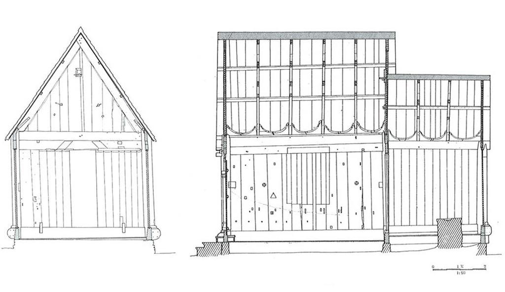 Fig. 6. Haltdalens stavkyrka, insida av norra takfallet. Fig. 7. Haltdalens stavkyrka, tvärsektion mot koret och längdsektion mot norra väggen.