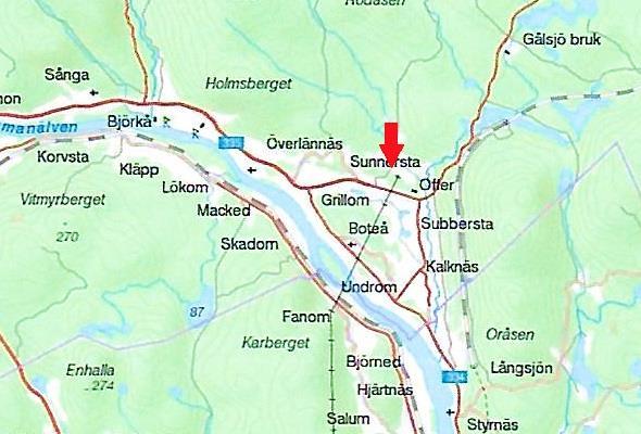Fig. 54. Fyndplatsen för svärd och dolk från Stöndarbrännan i Boteå socken (karta: Fornsök, RAÄ). Svärdet är ett s.k. Hallstattsvärd, som med största sannolikhet är tillverkat någonstans i Mellaneuropa.