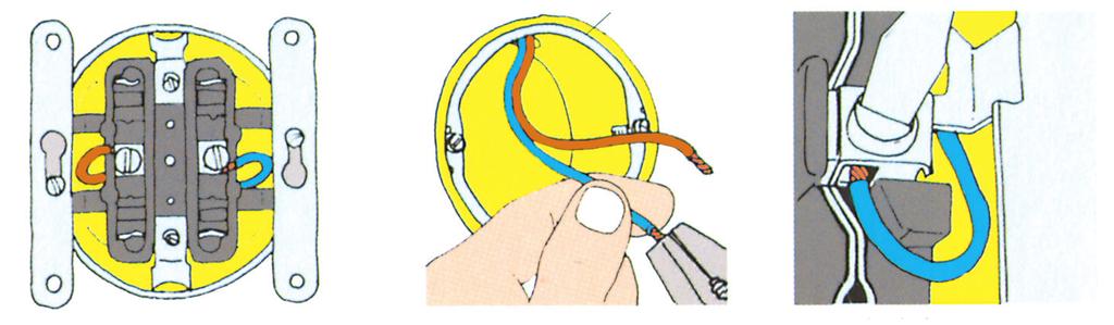 Kontrollera att koppartrådarna är oskadade. Om inte, klipp bort den skadade biten, avisolera 6-7 mm och tvinna trådarna. 3. Anslut ledarna till det nya uttaget. Dra åt skruvarna hårt.