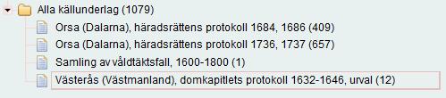 Till vänster hittar du ett Sökträd, där du kan se i vilka variabler och i vilka källunderlag som sökordet förekommer. Ordet Orsa återfinns till exempel i fyra olika källunderlag.