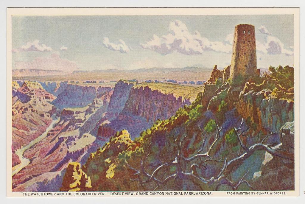 Vykort signerat Gunnar Widforss över Colorado River, ca 1930-tal. Om nyhetsbrevet.