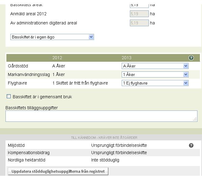 16 Skiftets markanvändningsslag och gårdsstödsegenskap för 2013 har förhandsifyllts på basis av uppgifterna från det föregående året.