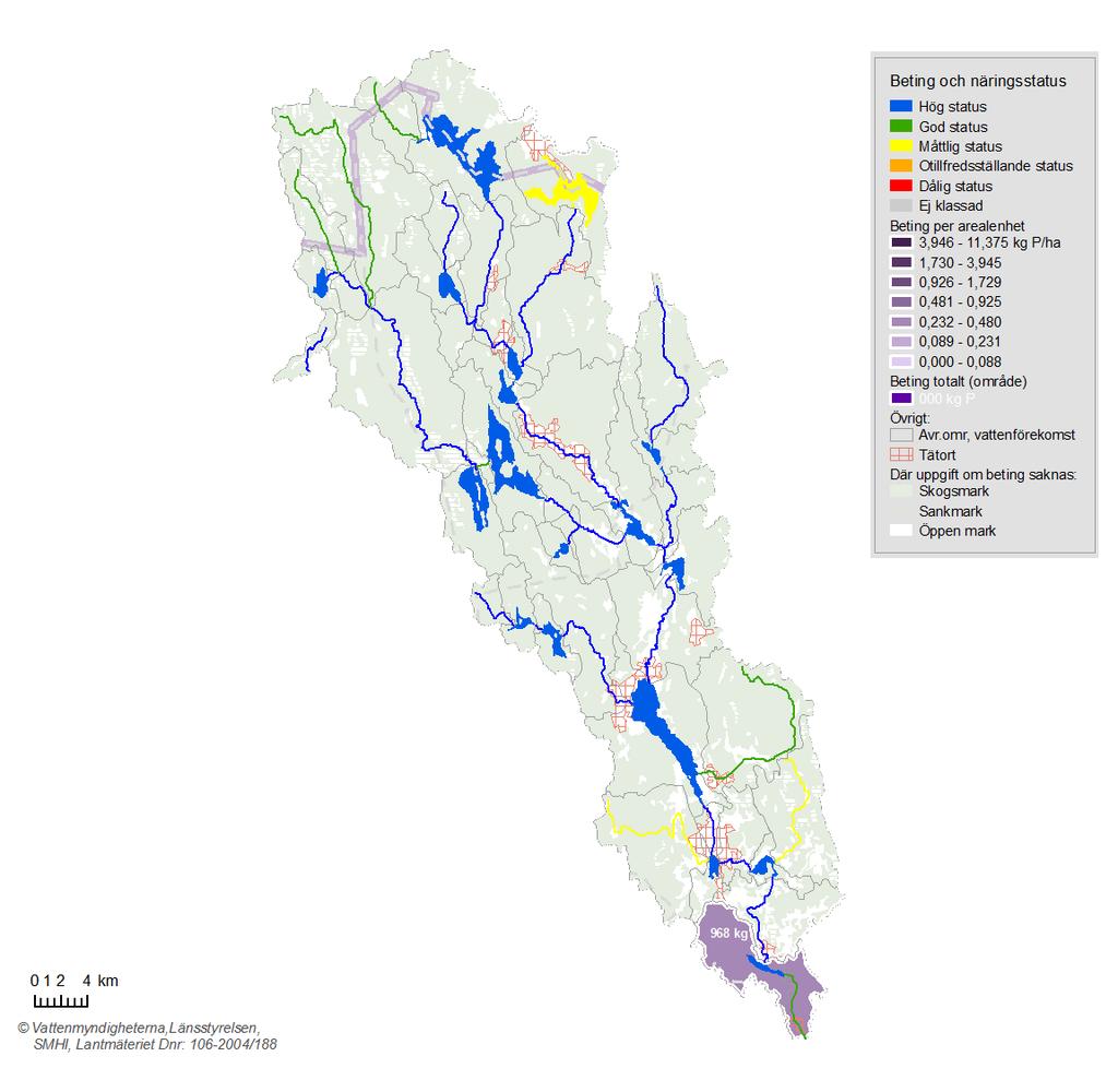 Figur 6. Status med avseende på näringsämnen och fosforbeting. 2.1.3 Källor till påverkan I hela åtgärdsområdet är fosforförluster från skogs- och jordbruksmark de dominerande belastningskällor.