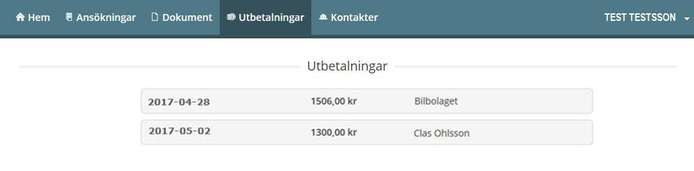 11 Utbetalningar Du kan läsa om dina utbetalningar och de kommer du åt på två sätt: Alt 1) Klicka på Utbetalningar längst upp i menyraden. Alt 2) Klicka på knappen Utbetalningar.