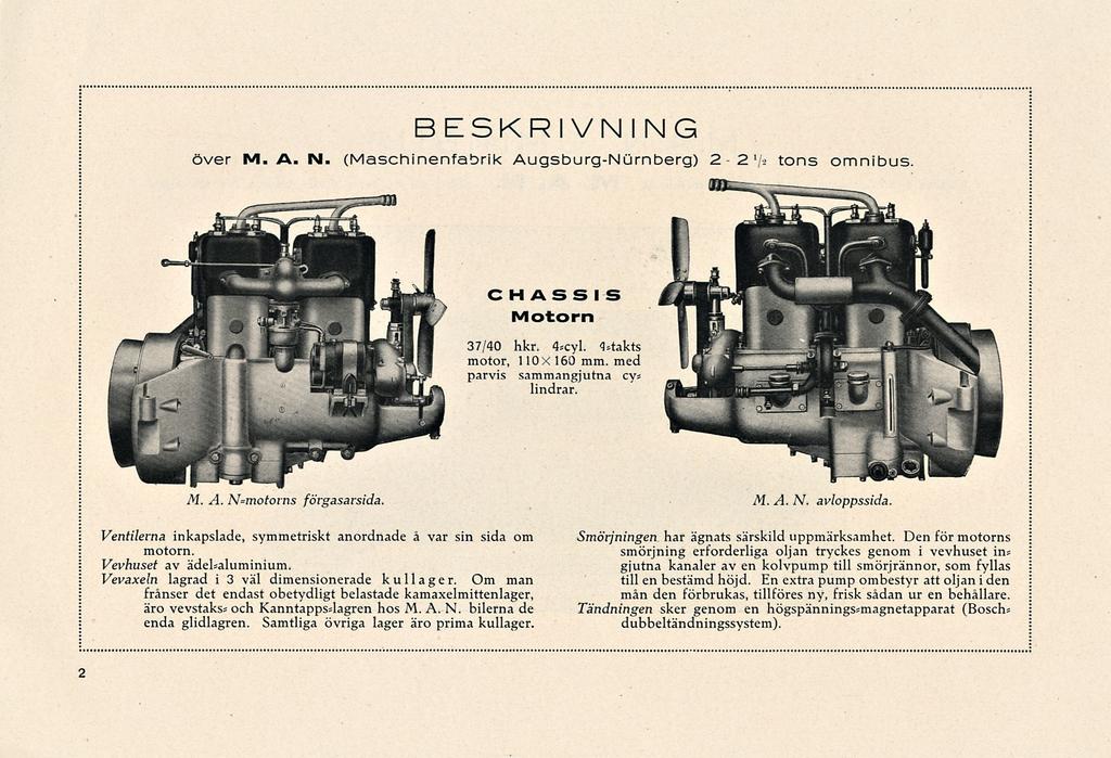 BESKRIVNING över M. A. IM. (Maschinenfabrik Augsburg-Nurnberg) 2-2V> tons omnibus C H AS S I S Motorn 37/40 hkr. 4*cyl. <Utakts motor, 110 X 160 mm. med parvis sammangjutna cy* lindrar. M. A. N=motorns förgasarsida.