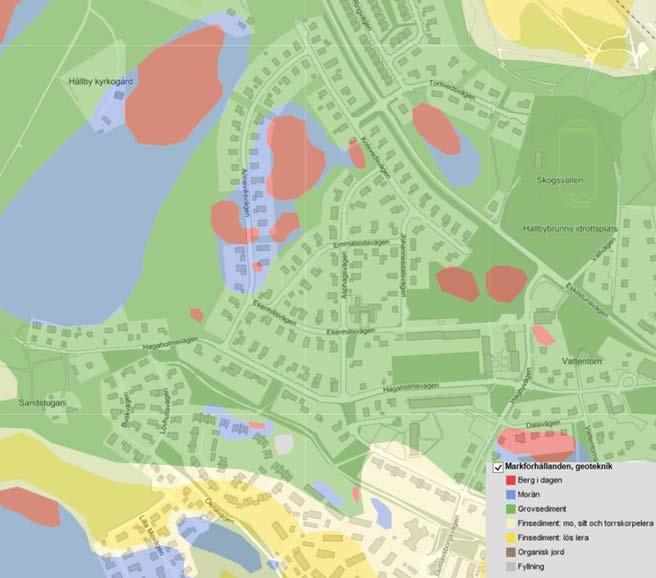 Eskilstuna kommun 6 (15) Geotekniska förhållanden Bilden visar marförhållandena inom planområdet. Markförhållandena i området utgörs av åsens grovsediment med inslag av berg i dagen.