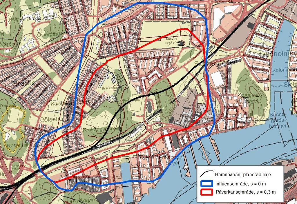 Figur 8-3 Gränser för det hydrauliska påverkansområdet i byggskedet, vid föreslagna skyddsåtgärder med hänsyn till osäkerhet redovisad som max och min för påverkansgräns.