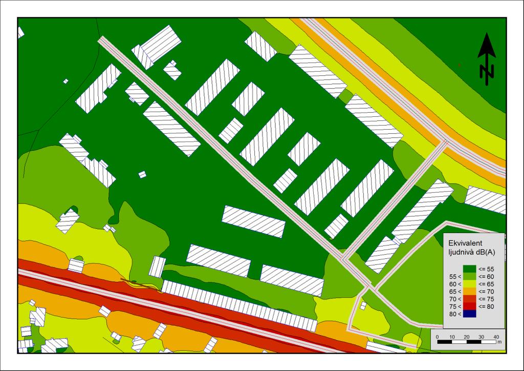 Beräkningens omfattning Beräkningar har gjorts av den ekvivalenta och maximala ljudnivån generellt i närområdet samt vid de planerade husens fasader utmed samtliga våningsplan.