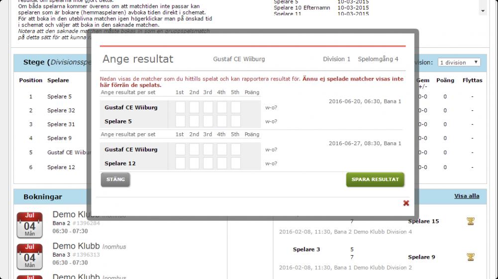 Bredvid ditt eget namn i tabellen på gruppspelssidan ser du ett grönt plustecken, klicka där för att rapportera resultat för dina matcher.