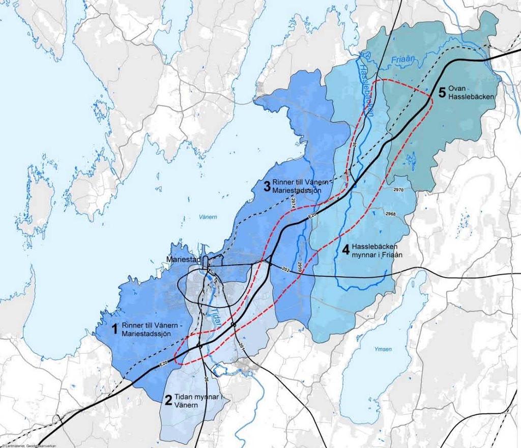 4.5.12. Yt- och grundvatten Ytvatten Utredningsområdet för E20 går genom fem avrinningsområden där samtliga avvattnas mot Vänern, se figur 4.5.12:1 nedan.