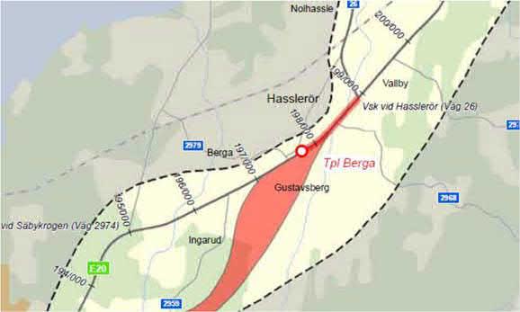 Korridoren norr om befintlig E20 skulle innebära stor negativ påverkan på mycket höga kulturvärden kring Berga samt risk för fragmentering av landskapet mellan Berga och Ingarud.