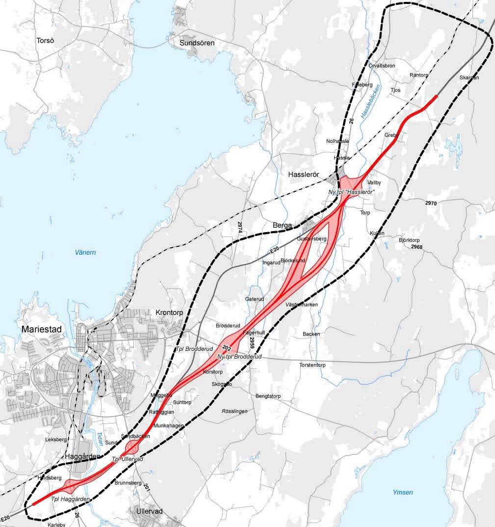 5.4.2. Korridor Röd Korridor Röd sträcker sig från söder om Hindsberg till Tjos i norr med en total längd av 15840 meter (öst) 15740 (väst), se bild 5.4.2:1 nedan.