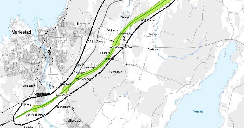 till befintlig mötesfri 2+2 väg. Utöver ny E20 kommer cirka 6500 meter enskilda och allmänna vägar byggas för att det lokala vägnätet ska fungera.