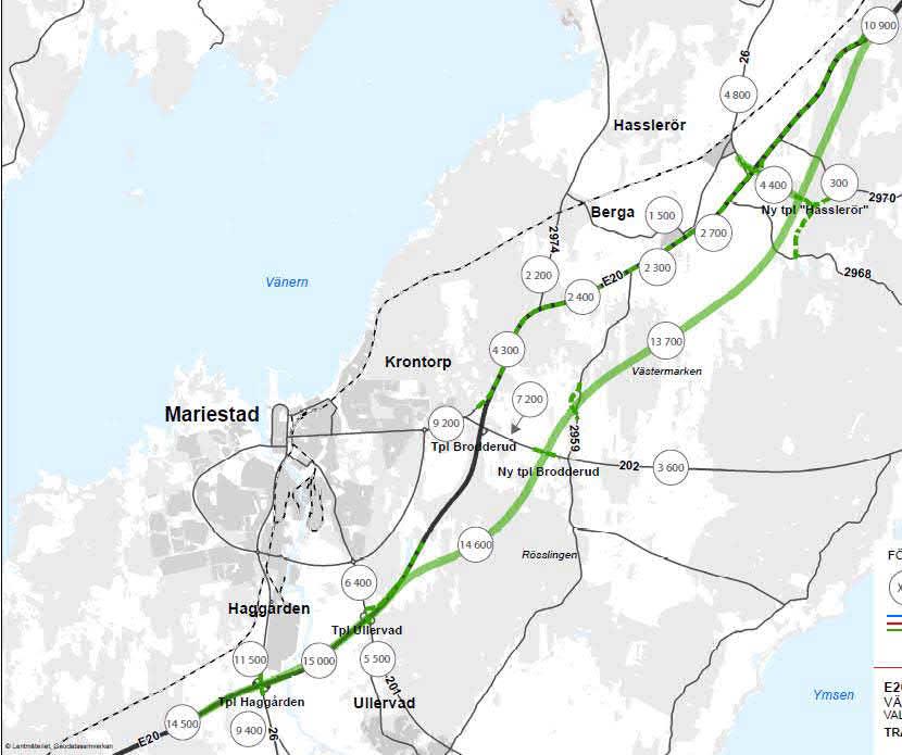 I Korridor Grön kommer restiden att öka med ca 100 sekunder mellan centrala Mariestad och trafikplats Brodderud jämfört med nollalternativet.