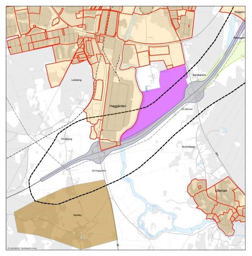 6.2.4. Detaljplanelagda områden Breddning av E20, ombyggnad av trafikplats Haggården samt ny bro över Tidan berör detaljplanelagd mark inom detaljplaneområdet för Kv Sprinten (1), se karta 6.2.4:1.