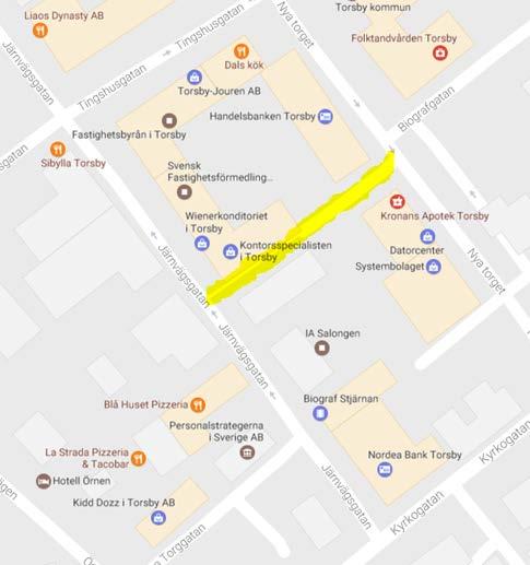 2. Geografiskt BID område Biografgatan ligger mitt i hjärtat av Torsby centrum. BID området utgörs av gul markerat område, enligt ovan karta.