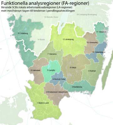 FA-regioner Sydsverige har 14 funktionella analysregioner (pendlingsområden), vilka är starkt varierade i storlek.