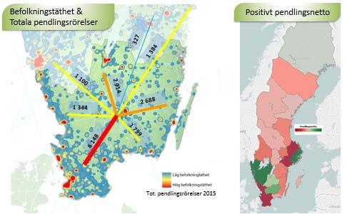 Pendling Antalet pendlingsrörelser till och från Kronoberg visas på kartan över befolkningstätheten i Sydsverige.