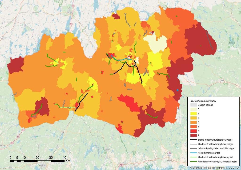 Karta över Socioekonomiskt index samt åtgärder i länstransportplanen och dokumentet Cykla i gröna Kronoberg. I tabellen nedan visas fördelningen av åtgärder i olika typer av områden.