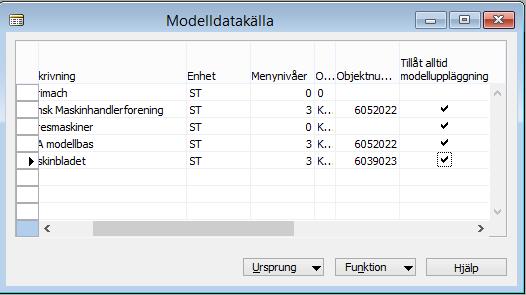 För att lägga upp nya modeller i denna bild. Tryck F3 följt av F2. Fältet överst i bilden där önskad undergrupp kan anges är bara tillgängligt om det finns undergrupper till den valda modellgruppen.