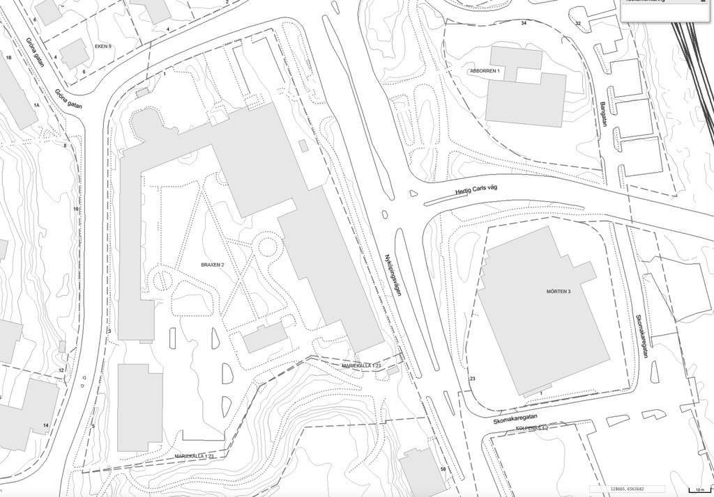 Alternativ 2 Kv Braxen 2 Utemiljö grundskola + förskola + multiplan Fastigheten Kv Braxen 2 Total tomtarea ca 20 000 kvm Tabell ytor skolgård, förskolegård 540 elever 100 barn Skolgård 270 elever