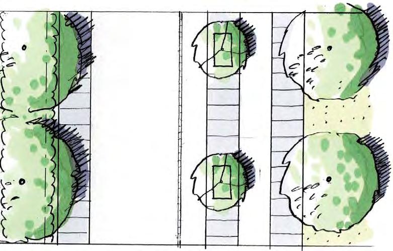Plantering av ny trädrad längs cykelbanan ger en dubbel trädrad som gaturummets begränsning på norra sidan.