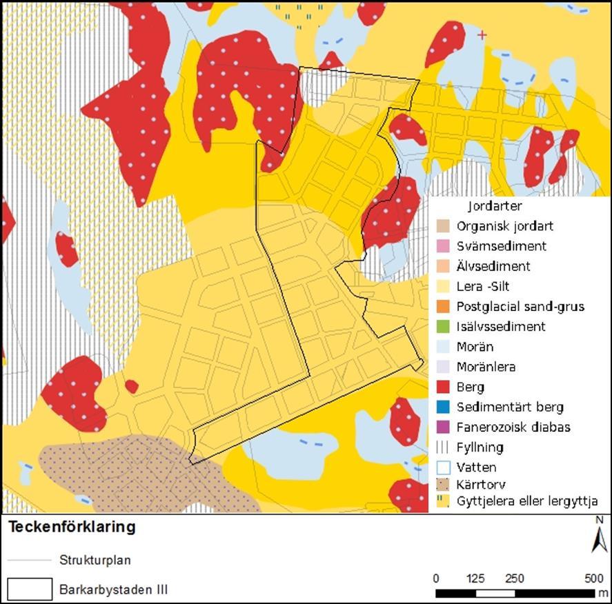 Sid 12 (49) 3.1. Geotekniska områdesförutsättningar Marken inom Barkarbystaden III består huvudsakligen av lera av olika ursprung, vilket illustreras i Figur 4.
