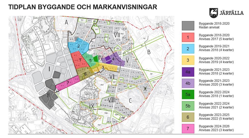 Sid 31 (49) Figur 13. Utbyggnadsetapper för detaljplan III och IV, underlag från Järfälla kommun. Gul stjärna markerar slutpunkt (uppströms) för redan byggd dagvattenledning i Flygfältsvägen.