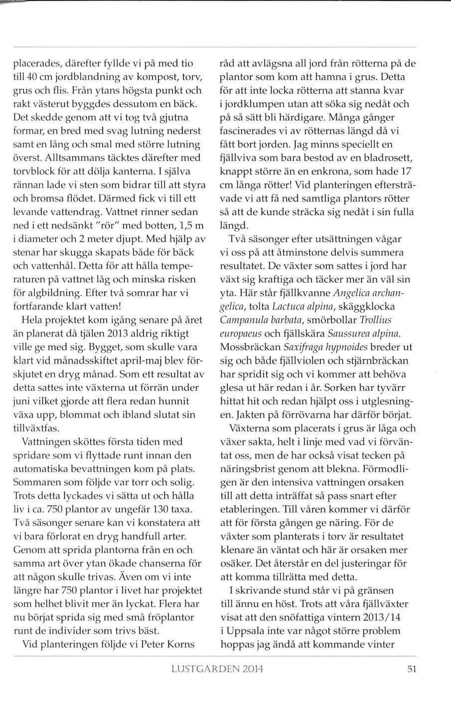 placerades, därefter fyllde vi på med tio till 40 cm jordblandning av kompost, torv, grus och flis. Från ytans högsta punkt och rakt västerut byggdes dessutom en bäck.