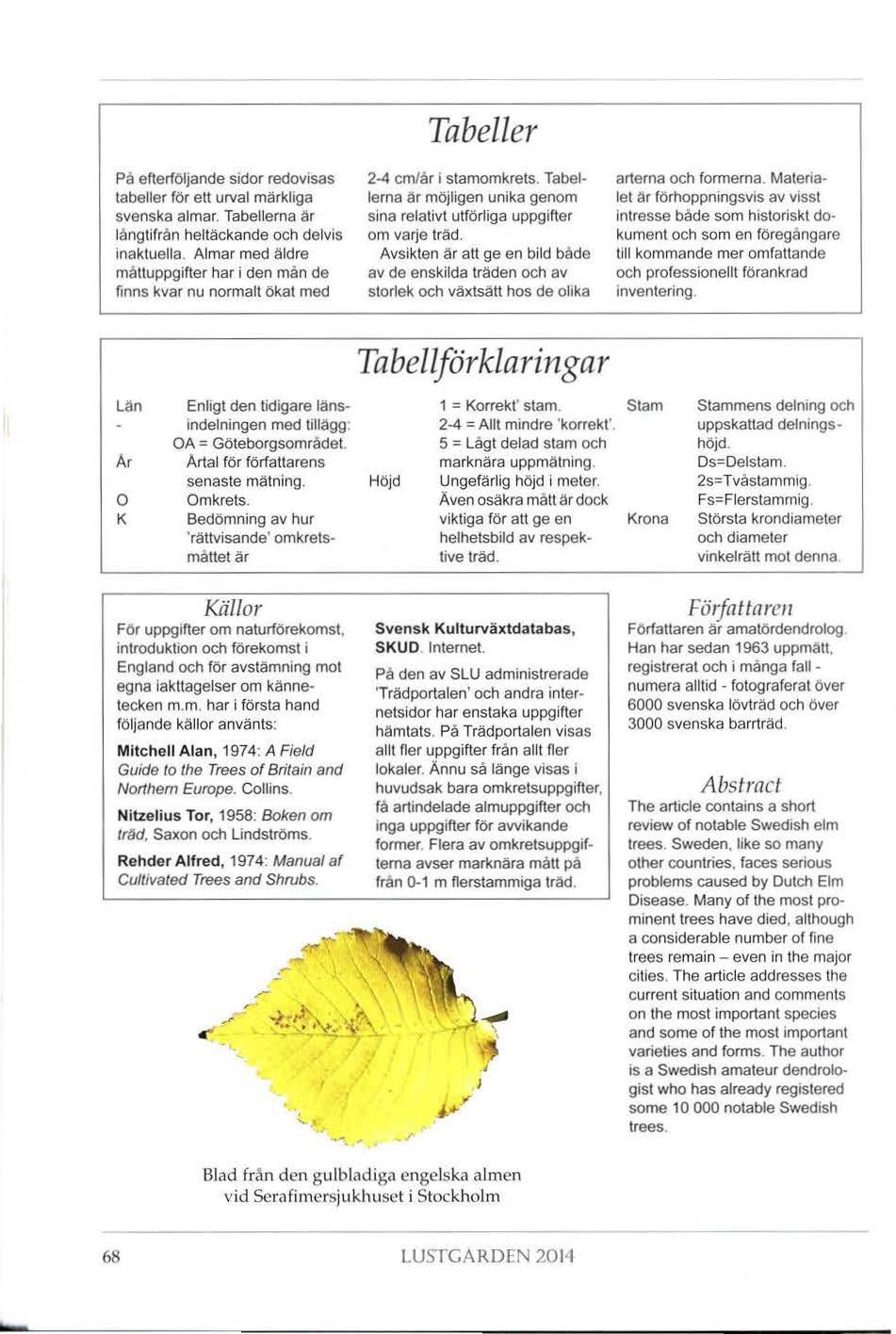 Pa efterföljande sidor redovisas tabeller för ett urval märkliga svenska almar. Tabellerna är långtifrån heltäckande och delvis inaktuella.