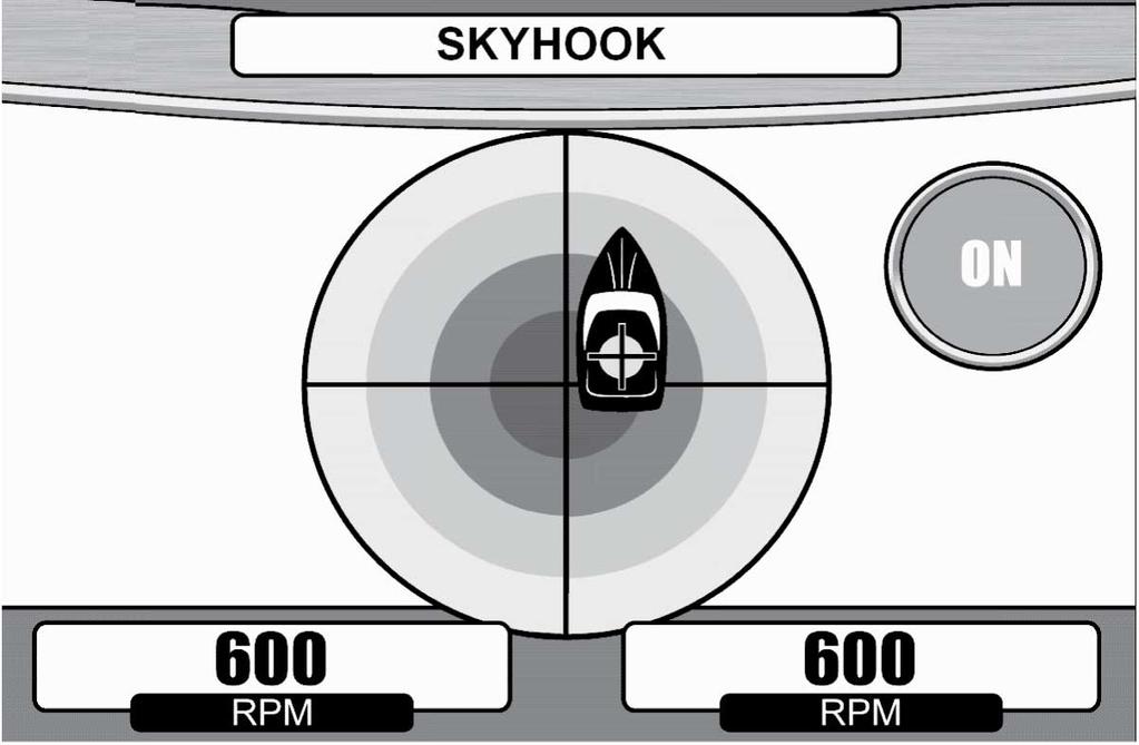 I Skyhook-läge tänds ON-lmpn, ett enkelt pip hörs och skärmen visr motorvrv, ett mål med hårkors och en båtikon. Båtens rottionsvinkel visr girningsfelet. Noll girningsfel visr båten peknde uppåt.